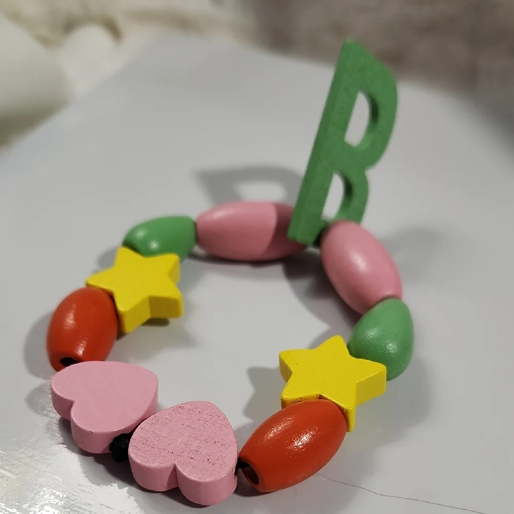 Handmade Pink Heart Yellow Stars Childrens Letter B Wood Bracelet